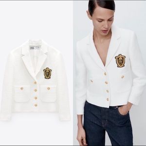 Zara White Crop Blazer with Patch